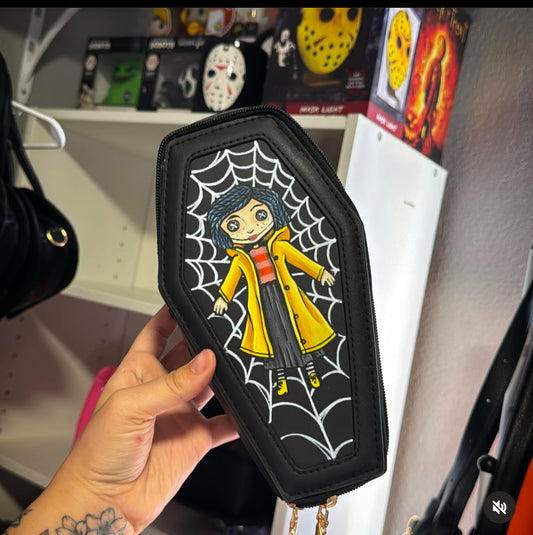 Blue hair girl open coat coffin purse