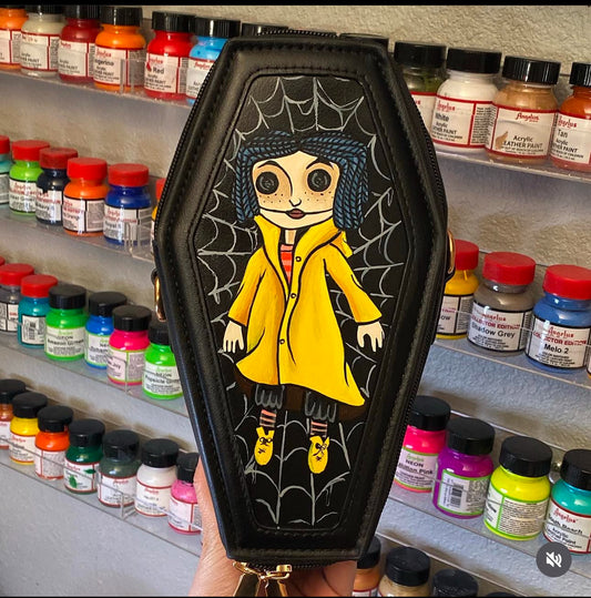 Blue hair girl closed coat coffin purse