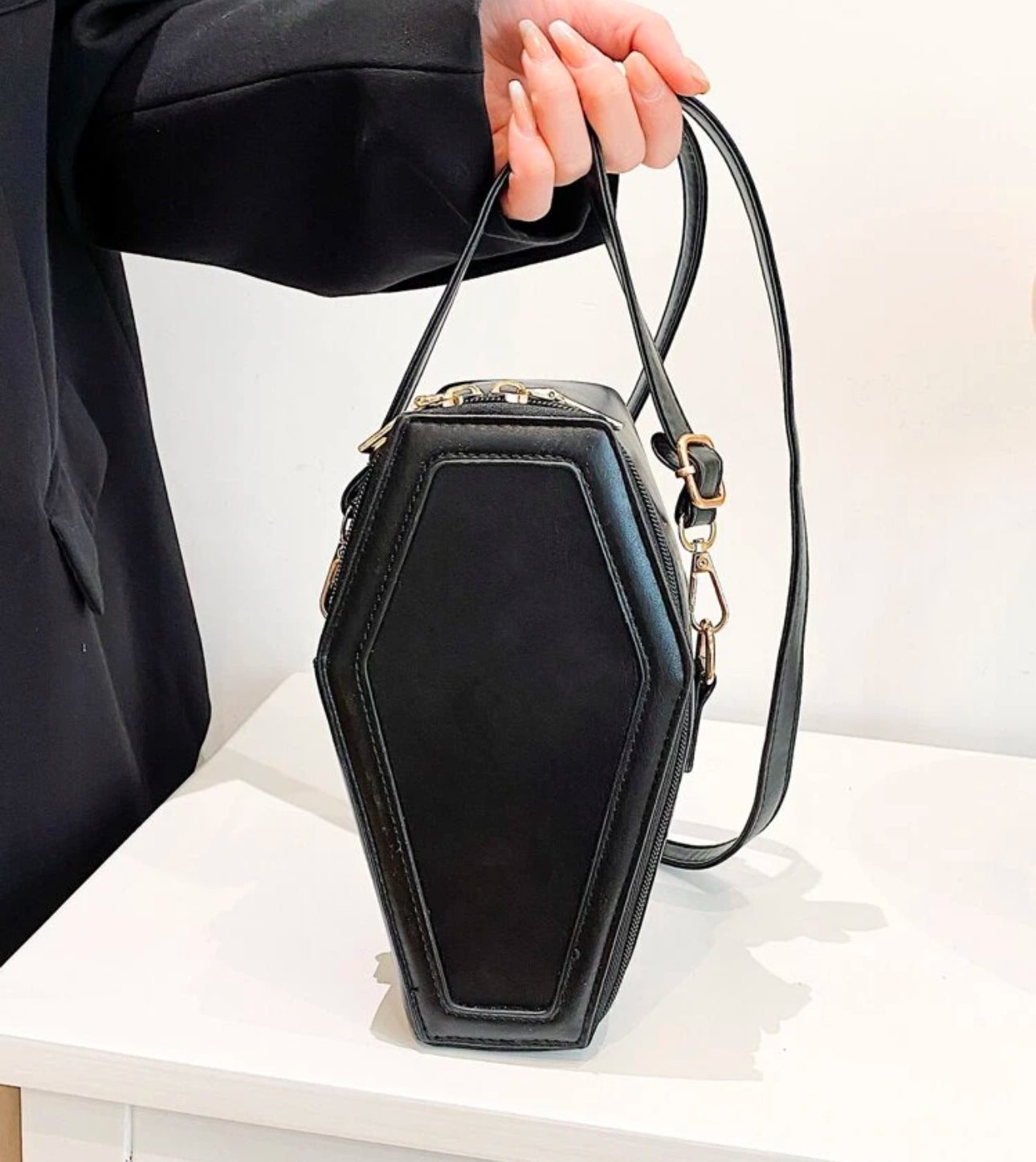 Blue hair girl open coat coffin purse